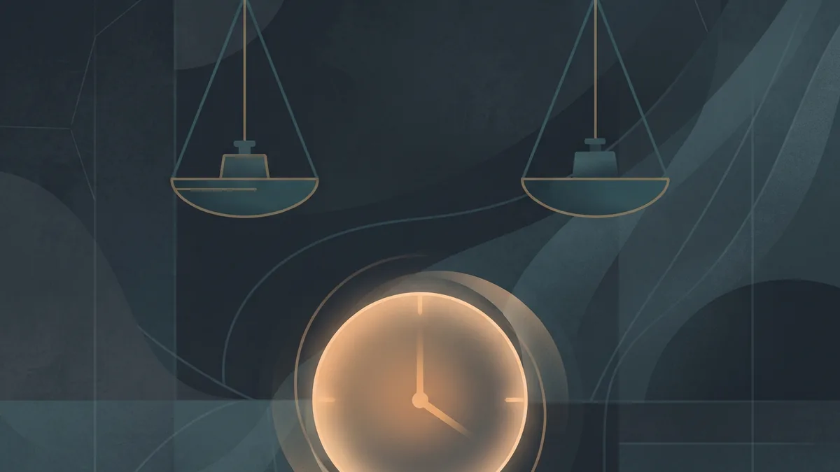 Abstract illustration of a balanced scale beneath a softly glowing clock, representing balance and self-control