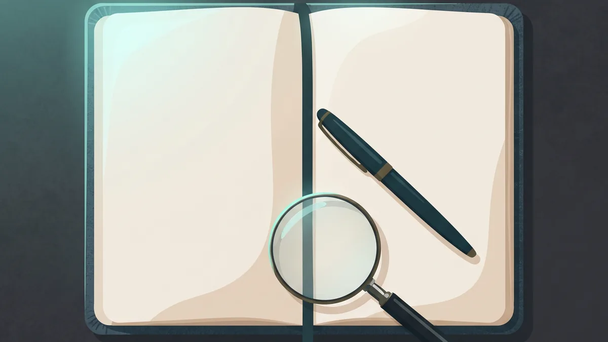 Abstract illustration of an open notebook and magnifying glass, representing an editorial review
